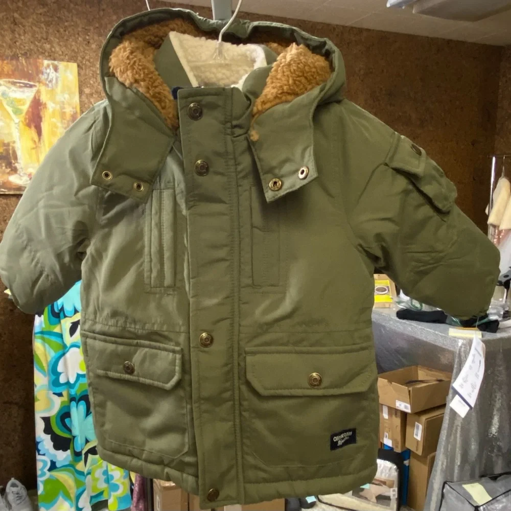 OshKosh B'gosh Olive Green Hooded Parka with Brown Sherpa Lining